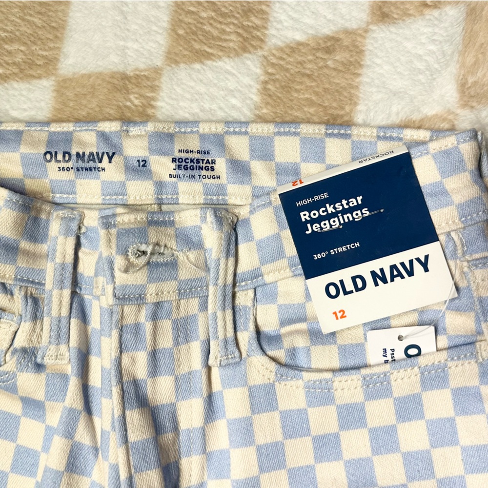 Girls Old Navy Light Blue and White Checkered Pants, rockstar jeggings - Picture 4 of 7